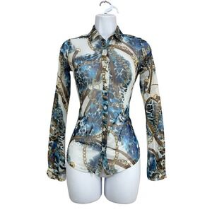 Women Y2K Sheer Mesh Top M Animal Chain Print Button Front Layering Goth Indie